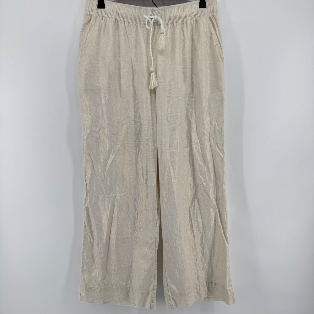 Tahari Wide Leg Pants Women Large Cream Gold Metallic Drawstring Tassel Shimmer